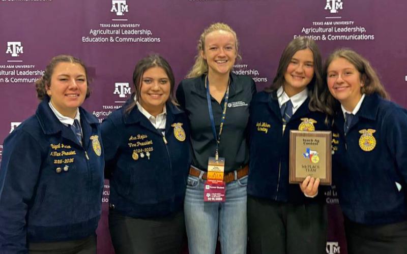 From left to right are Abigail Justice, Ava Rojas, Hailey Browning Lacour from Texas A&amp;amp;M who conducted the Teach Ag Contest, Leah Walker and Michaela White. courtesy photo