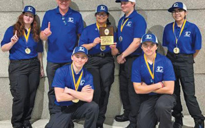Lampasas High School’s cell extraction team earned the top prize at the state competition. Team members are, back row left to right, Loreily Meja, instructor Michael Tatum, Lena Jeffries, Connor Ferriera and Willow Collins; front row, Jason Brock and Jonathan Harris. erick mitchell | dispatch record