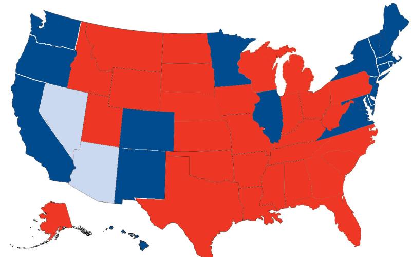 This graphic shows the states that have been called for Democratic Party candidate Kamala Harris is dark blue, and the states that were won by Republican Party candidate Donald Trump in red. Results in the states of Nevada and Arizona are deemed too close to call at press time, so they are shown in light blue. Electoral College vote totals are unconfirmed at this point, but the Trump campaign has garnered more than the 270 needed to win the presidency.