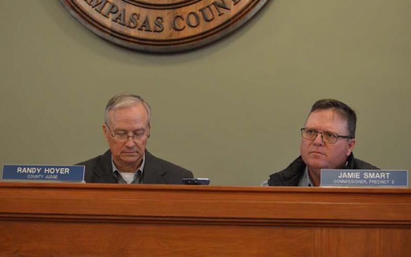 County Judge Randy Hoyer, left, and Commissioner Jamie Smart both addressed the plan to join the Central Texas Water Alliance. Hoyer reiterated his opinion that Lampasas County will have a large voice at the negotiating table as part of the alliance. Smart noted the importance of considering the water needs of the western portion of the county, not just the moreheavily populated eastern side. ERICK MITCHELL | DISPATCH RECORD