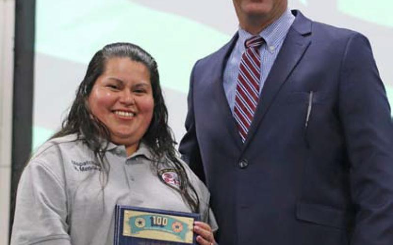 Mary Mendez, left, received the Telecommunicator of the Year award for Lampasas Police Department. COURTESY PHOTO | HILL COUNTRY 100 CLUB