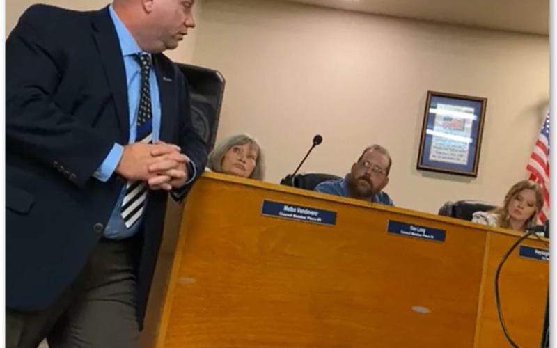 Kempner Mayor John Wilkerson, left, addresses Councilwoman Melba Vandeveer, second from left; Councilman Dan Long; and City Secretary Hayleigh Talasek during a recent City Council meeting. The city of Kempner has adopted a new set of rules on how it will conduct council meetings. SCREENSHOT | CITY OF KEMPNER FACEBOOK PAGE
