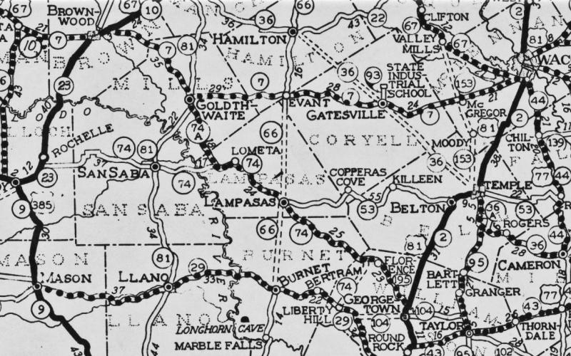 1935 Texas Highway Map of Central Texas shows Highways 66 (now U.S. 281), 74 (now U.S. 183) and 53 (now 190) intersecting here. courtesy photo | portals of texas history