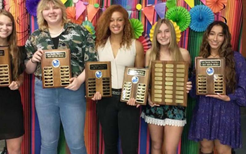 Hadley Oncken, left, Morgan Lovejoy, Juliana Dwamena, Cobie Chandler and Ethni Sanchez pose with their awards from the night. COURTESY PHOTO