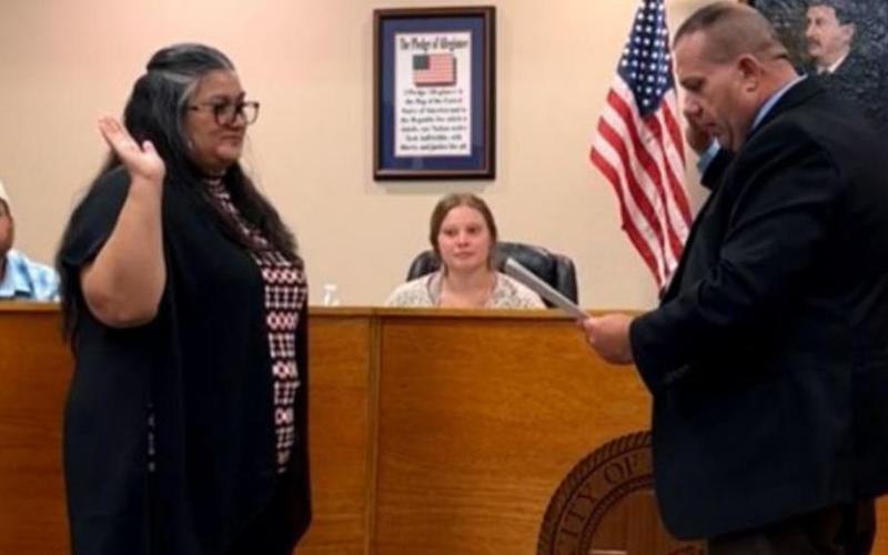 Debbie Hernandez recites the oath of office with Kempner Mayor John Wilkerson, as Mayor Pro Tem Dan Long and City Secretary Hayleigh Talasek look on. CITY OF KEMPNER FACEBOOK PAGE