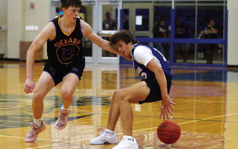 HUNTER KING | DISPATCH RECORD Ty Borchardt dribbles behind his back to evade a defender during last Friday’s tournament.