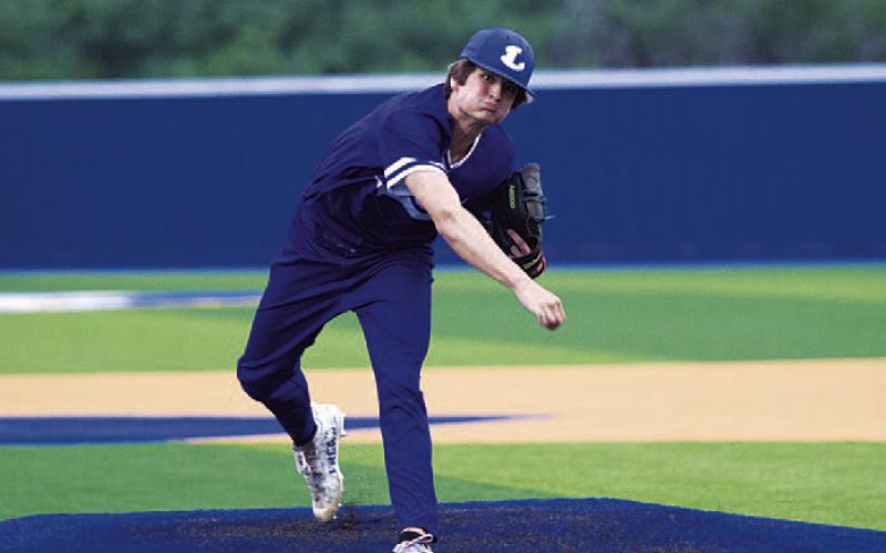 Calum Mitchell releases a pitch during his start against Lago Vista last Friday. HUNTER KING | DISPATCH RECORD