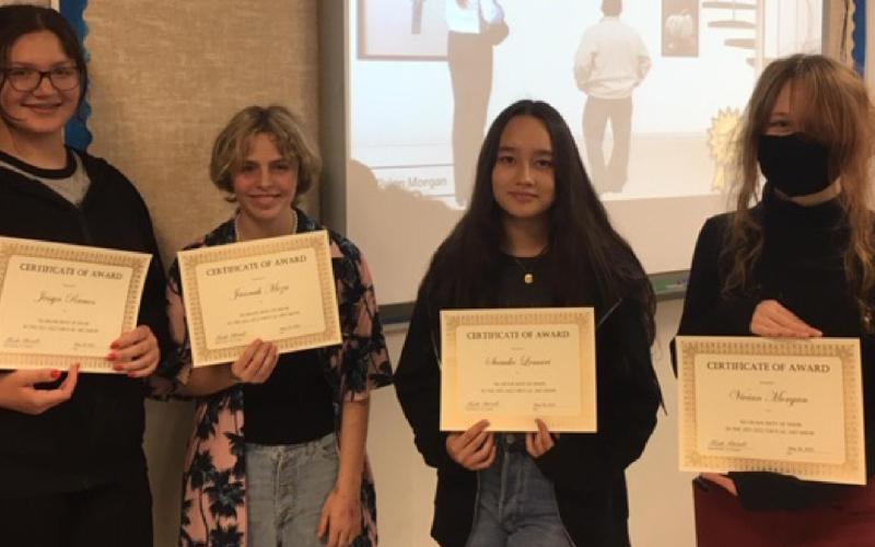 Named overall winners of the middle school virtual art show were, from left, seventh-graders Jessyn Ramos and Jannah Meza, and eighth-graders Sumiko Lemari and Vivian Morgan. courtesy photo