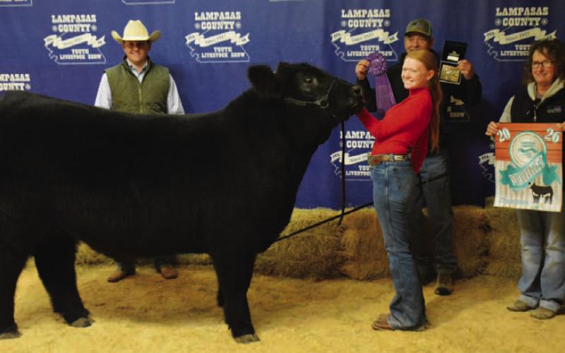 Selie Hodge showed the grand champion steer at the 2026 Lampasas County Youth Livestock Show, and was named the Lee Carson Award winner and Senior Cattle Showmanship winner. HUNTER KING | DISPATCH RECORD