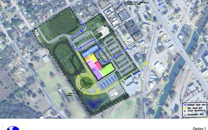 The Lampasas ISD Board of Trustees reviewed three options Monday for construction of a new middle school campus utilizing the current site. Option 1 is shown here; Options 2 and 3 can be found on page 5. WRA ARCHITECTS