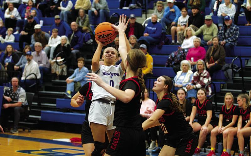 HUNTER KING | DISPATCH RECORD Tenley Langford shoots over an outstretched Salado defender.