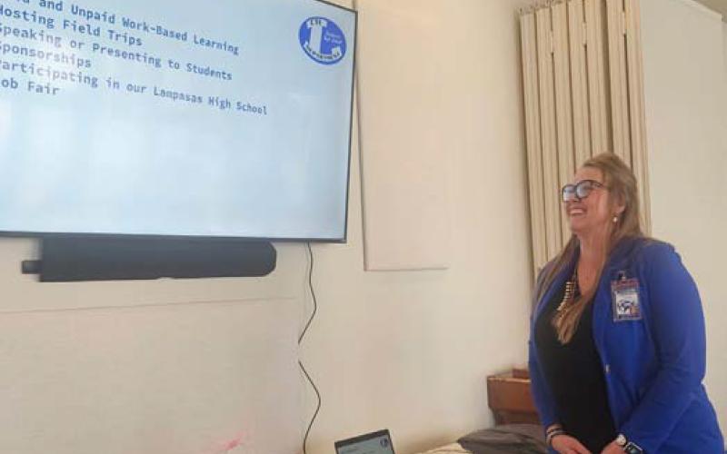 courtesy photo Liz Haviland, director of the Lampasas ISD’s Career and Technical Education program, provides information to The ’36 Club members on ways the community can partner with the school district and promote the various vocational programs.