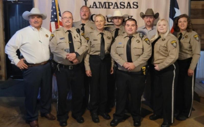 Lampasas County Sheriff’s Office recently honored members of the staff. Pictured front row, left to right are Sheriff Jess Ramos, Deputy Charles Hayhurst, Animal Control Officer Sabine Hogle, Deputy Carlos Rodriguez, and Communications Officer Lori Marker; back row, Assistant Jail Administrator Brian Pomeroy, Deputy Jonathan Rinehart, Chief Deputy Kodie Greenburg and Jail Administrator Cristopher Brister. COURTESY OF SHERIFF JESS RAMOS
