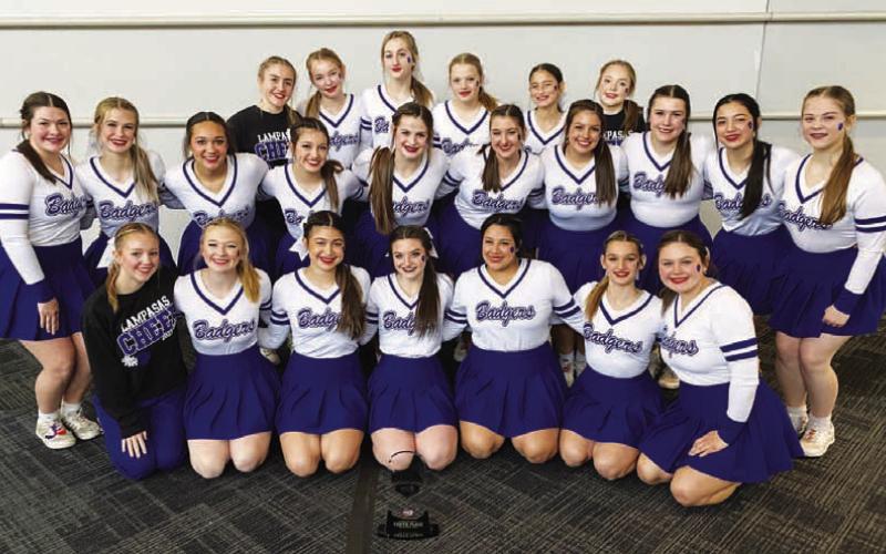 COURTESY PHOTO | SHANNON LINDSEY Lampasas cheer poses with their 10th-place trophy from last week’s national competition.