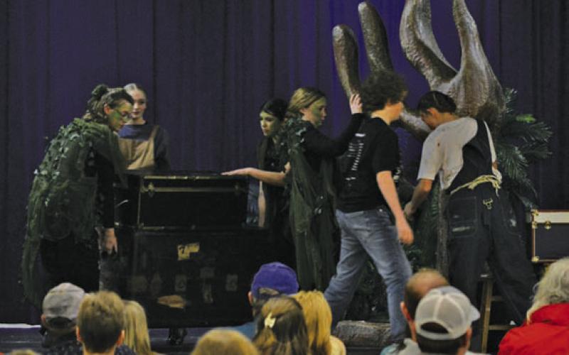 Before the performance, Lampasas Middle School theatre students work to rearrange the set in less than seven minutes, a requirement for One-Act Play competition. ERICK MITCHELL | DISPATCH RECORD