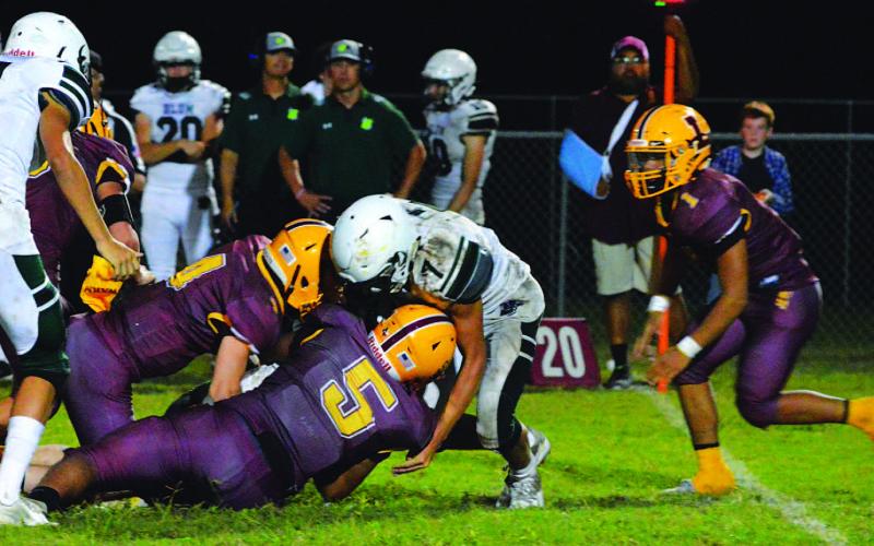 Elijah Gonzales (5) and Matthew Surber (4) are in on a tackle for loss. MASON HINES | DISPATCH RECORD