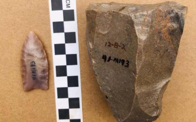 Shown here are a Clovis blade and core, excavated at the Barnett Clovis site west of Goldthwaite. More archeological work will take place at the site this weekend. COURTESY PHOTO
