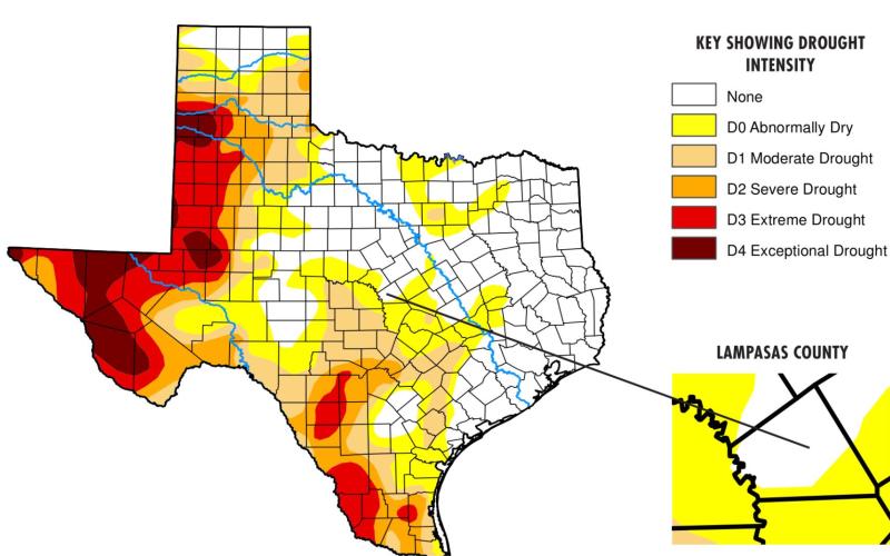 While much of the Hill Country is in “moderate drought” or the “abnormally dry” stage, Lampasas County stayed mostly drought-free at press time, according to the U.S. Drought Monitor. COURTESY OF NATIONAL DROUGHT MITIGATION CENTER, UNIVERSITY OF NEBRASKA-LINCOLN, U.S. DEPARTMENT OF AGRICULTURE, AND NATIONAL OCEANIC AND ATMOSPHERIC ADMINISTRATION.