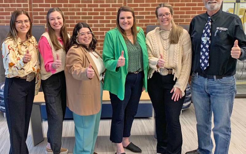 Pictured left to right are Haley Foeh and Emily Graham (placed at Ingram High School); Ashton Ochoa (placed at Franklin High School); Bethany Janner and Kailyn Osburn (placed at Caldwell High School); and their student teacher supervisor, Dr. Steve Forsythe. courtesy photo