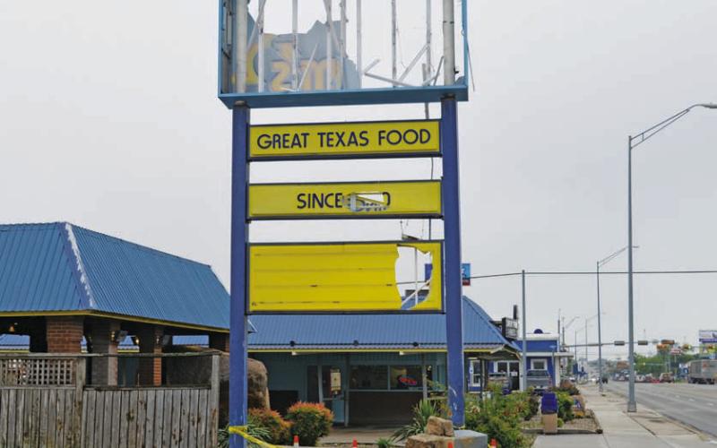 The Storm’s Drive-In sign sustained damage in an early-morning crash Monday, and the driver involved was transported to Baylor Scott &amp;amp; White Medical Center in Temple. ERICK MITCHELL | DISPATCH RECORD