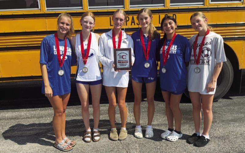 COURTESY PHOTO | KIM BURNSIDE From left, Makenzie Shaughnessy, Kenzie Stone, Leah Phillips, Adyson Martin, Monica Munoz and Brylie Centunzi-Sanchez pose with their medals and plaque from the Lake Belton Invitational.