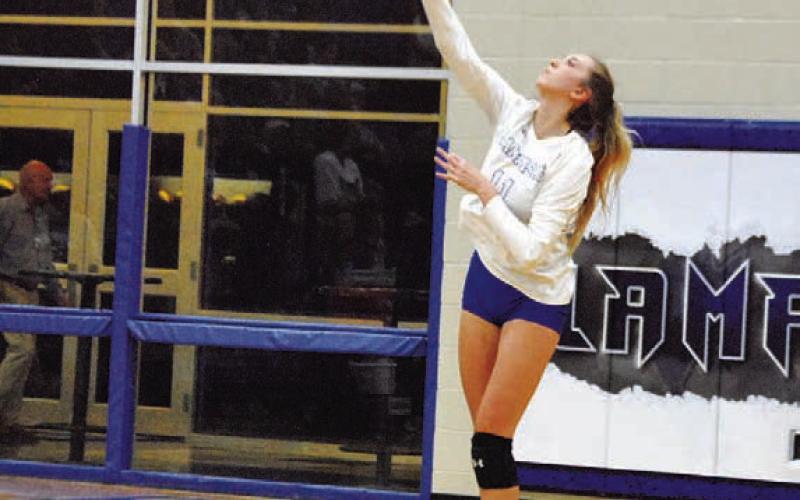 Breana Pelbath swings through a serve against the Shoemaker Lady Grey Wolves. HUNTER KING | DISPATCH RECORD