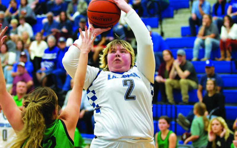 Morgan Lovejoy rises up over a Burnet defender for a two-point jump shot. She finished with 11 points. HUNTER KING | DISPATCH RECORD