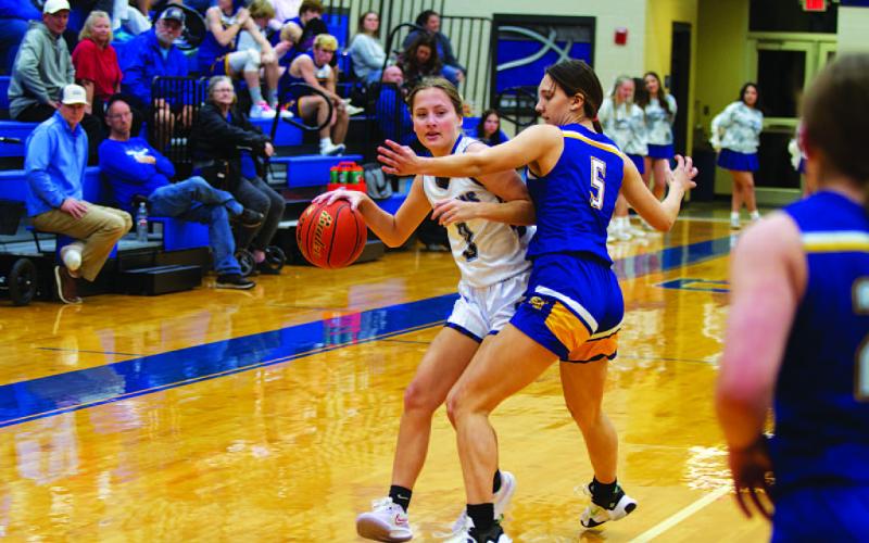 Jenna Ball protects the basketball and looks for a teammate to pass to against the Lady Vikings. HUNTER KING | DISPATCH RECORD