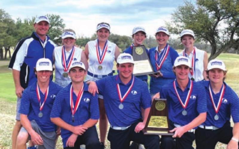 The Lady Badger and Badger golf teams pose with their trophies and medals after finishing first and second at the district tournament. COURTESY PHOTO