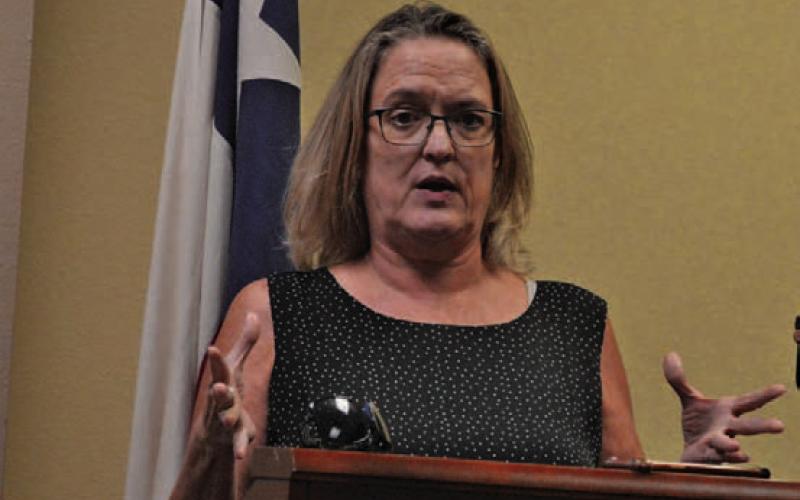 H2O Partners Deputy Mitigation Program Manager Rhonda Murphy presents an overview of the Hazard Mitigation Plan process on Wednesday evening. ERICK MITCHELL | DISPATCH RECORD