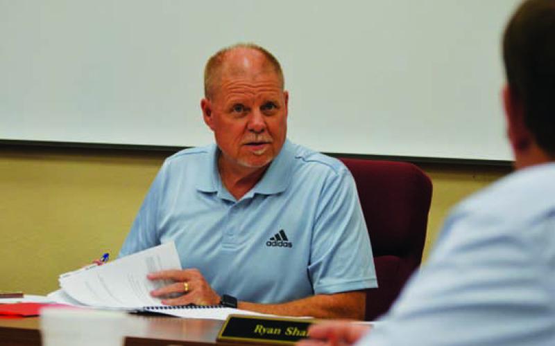 LISD Board of Trustees President Randy Morris discusses school safety matters during Monday’s special meeting. ERICK MITCHELL | DISPATCH RECORD