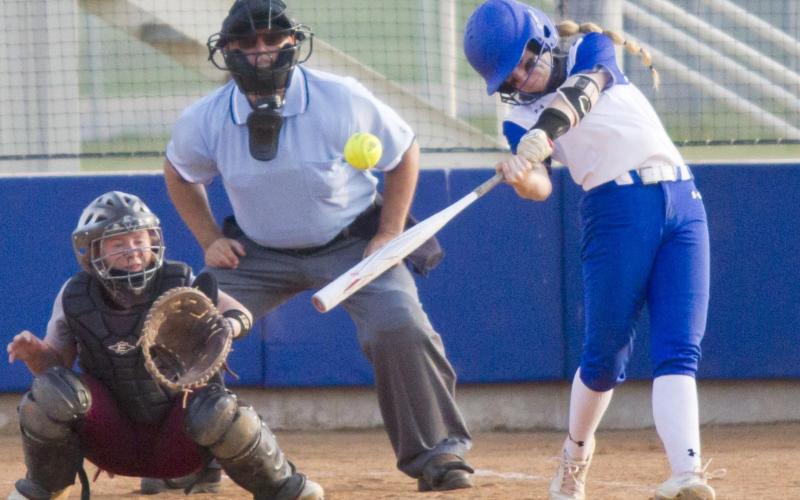 Aspen Wheeler, shown in a previous game, hit 3-for-3 as the Lady Badgers dominated Stephenville 15-4 on Friday. JEFF LOWE | DISPATCH RECORD