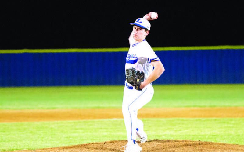 HUNTER KING | DISPATCH RECORD J.T. Posten pushes off toward home plate during his shutout against Copperas Cove.