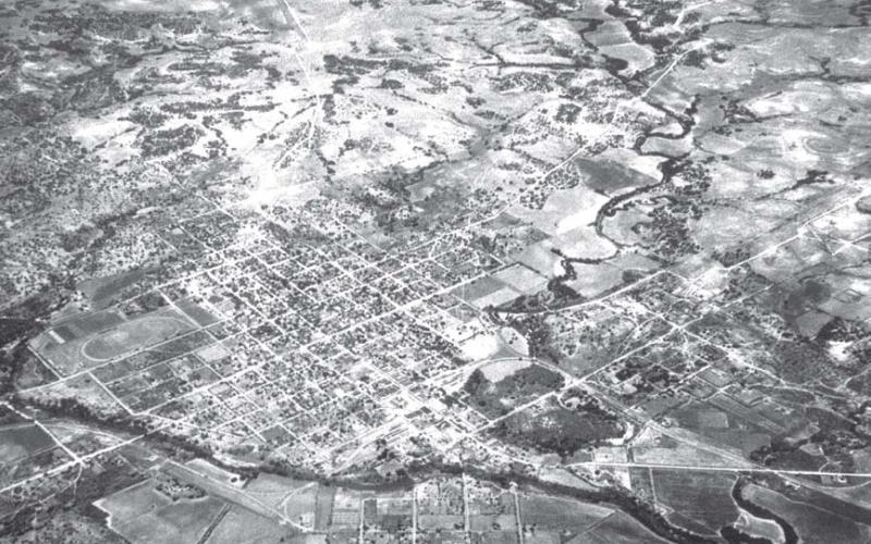 About 1925: Fairchild Aerial Survey Photo of Lampasas. Key Avenue is only 15 blocks long. It starts on the north side of Sulphur Creek and ended at the corner of Avenue E. There are no bridges on Grand Avenue at Sulphur or Burleson Creeks. courtesy photo | fairchild aerial survey