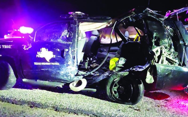 This Texas Highway Patrol unit sustained significant damage Friday night, when a truck driver lost control and collided with it. COURTESY PHOTO | TEXAS DEPARTMENT OF PUBLIC SAFETY