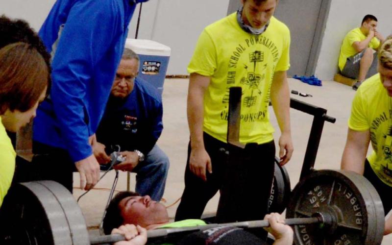 John Long recorded a 470-pound bench press, tied for the best in the 308 weight class, but finished in 10th place at the state powerlifting meet in Abilene on Saturday. JEFF LOWE | DISPATCH RECORD