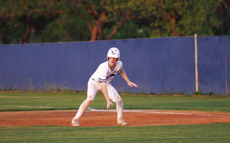 HUNTER KING | DISPATCH RECORD Peyton Sisson gets a lead off first base during Tuesday’s game against Gateway.