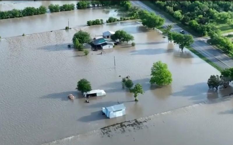 An aeriel view of Adamsville residences shows significant flooding after the Lampasas River overflowed its banks following the Cinco De Mayo flood earlier this year. FILE PHOTO