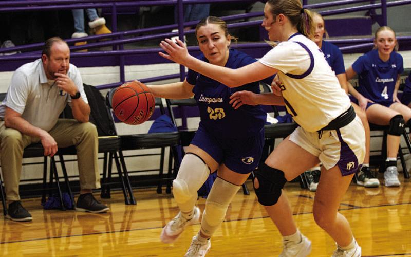 Payton Crawford dribbles baseline against Marble Falls as players on the bench look on. HUNTER KING | DISPATCH RECORD