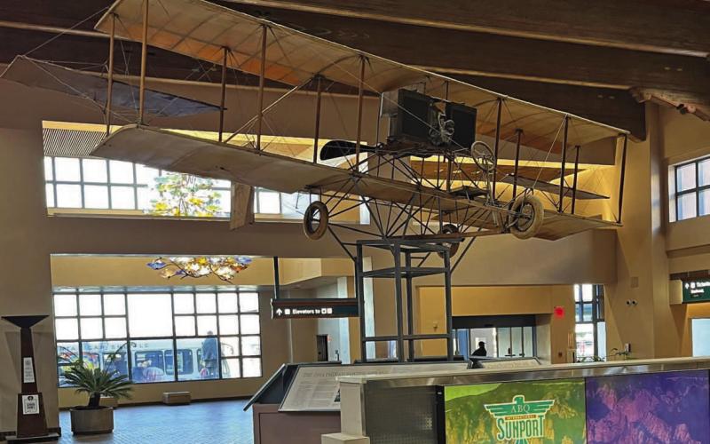 This 1914 Curtiss Pusher design biplane -- which sits in the Albuquerque International Sunport -- was restored by Lampasas businessman John Bowden in 1986. Lometa resident Max Eddings captured this photo of the historic plane while at the Albuquerque airport recently. MAX EDDINGS | COURTESY PHOTO