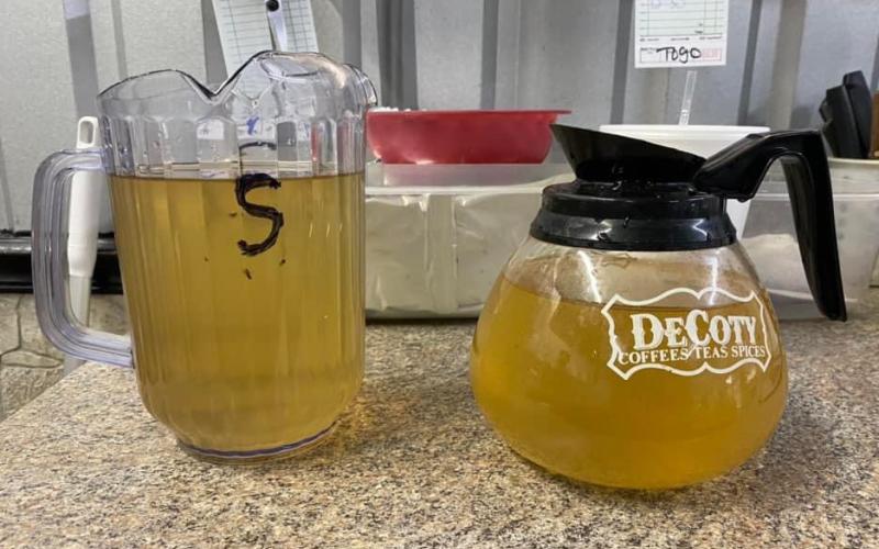 The water at Sammy’s Rockin’ K restaurant in Lometa comes out of the faucet looking like this. COURTESY PHOTO | KARLEIGH MCNEW