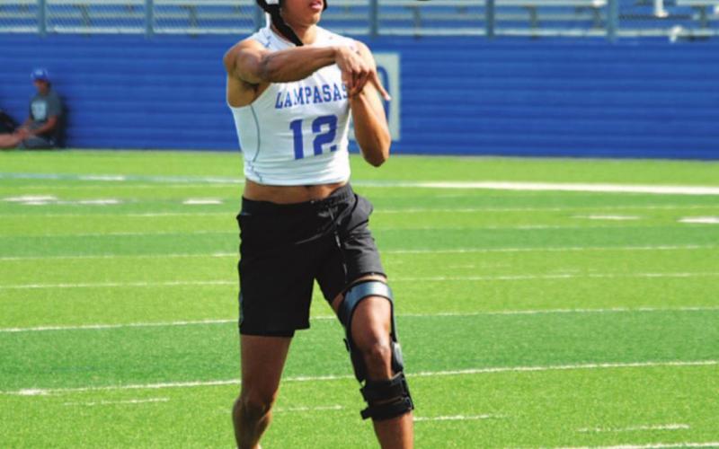 Dylan Sanchez flicks a pass into the flats during 7-on-7 action. HUNTER KING | DISPATCH RECORD