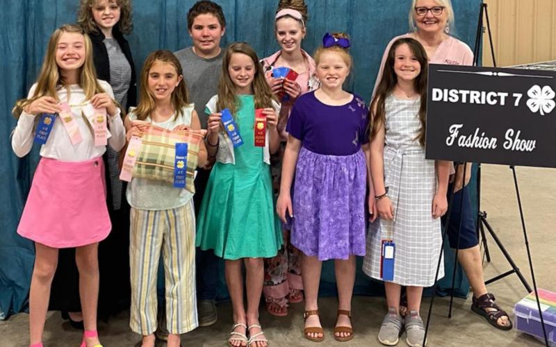 These 4-H members participated recently in the District 7 Fashion Show. Front row, from left, are Emerie Greenberg, Eve Walters, Vivien Martin, Lauren Martin and Rylee McKittrick; back row are Katelyn Martin, David Carr, Allison Martin and Family &amp;amp; Consumer Science Extension Agent Karen DeZarn. COURTESY PHOTO