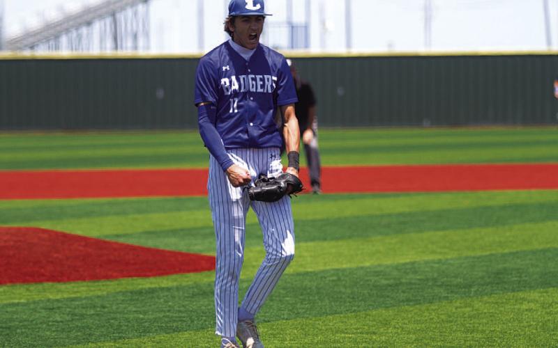 HUNTER KING | DISPATCH RECORD Kade Landry shows emotion coming off the mound during his start on Saturday.