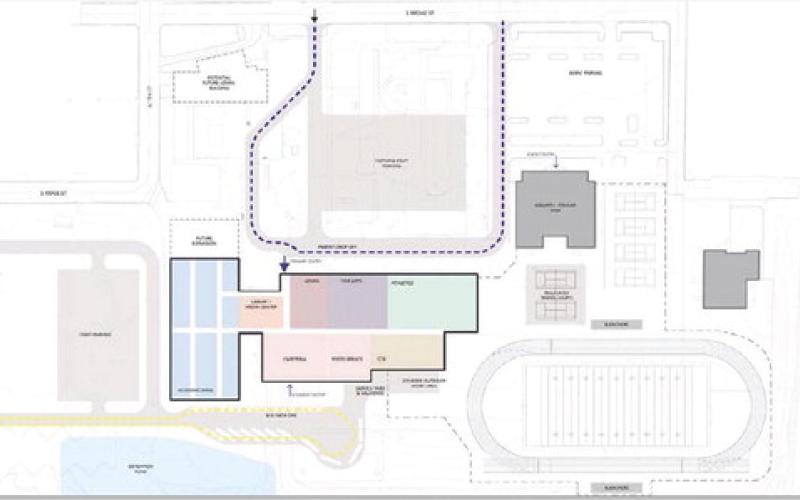 This view is one of the design options LISD school board members have seen that places the new campus building behind the Bozarth-Fowler Gymnasium. The design phase is ongoing as trustees consider the options for best utilization of the property. COURTESY PHOTO