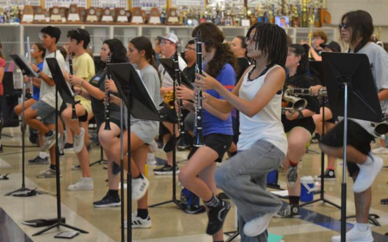 The Lampasas High School Badger Band practices some drill movments for its James Bondthemed show away from the heat on Tuesday afternoon. Erick Mitchell | dispatch record