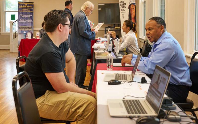 Adam Barrios | dispatch record During Wednesday’s Annual Lampasas Hiring Event, job seekers stopped by tables to visit with representatives from Workforce Solutions of Central Texas, Texas Department of Transportation, Texas Department of Criminal Justice and other potential employers.