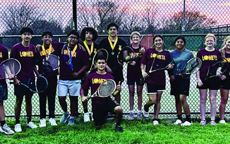 COURTESY PHOTO | LOMETA TENNIS Josue Lopez, front, and from back left Thomas Guthrie, Leonel Caso, Jeremiah Torres, Emmanuel Prado, Tim Juarez, Luis Hernandez, Teagan Brooks, Mia Crain, Vanessa Perez, Selie Hodge and Kari Greiner pause for a photo after the tournament in Early on March 7.