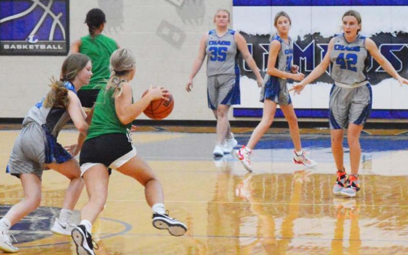 Addison Borchardt, left, plays on-ball defense while Kyliegh Ball, Payton Tatum and Cobie Chandler get ready down court in a recent game. JEFF LOWE | DISPATCH RECORD