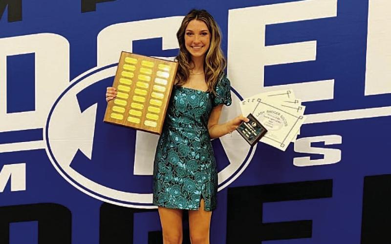 COURTESY PHOTO | LADY BADGER SOCCER TWITTER Nyla Long poses with her awards from the 2023 soccer banquet including the Battlin’ Badger award.